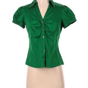 LOFT Green Puff Sleeve Button Down Blouse